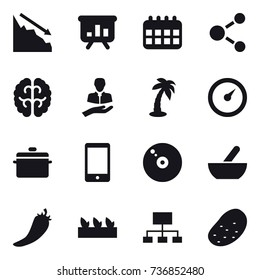 16 vector icon set : crisis, presentation, calendar, molecule, palm, barometer, pan, mortar, hot pepper, seedling, hierarchy, potato