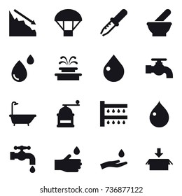 16 vector icon set : crisis, parachute, fountain, drop, water tap, bath, hand mill, watering, hand drop, hand and drop, package
