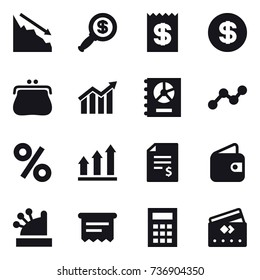 16 vector icon set : crisis, dollar magnifier, receipt, dollar, purse, diagram, annual report, graph, percent, graph up, account balance, wallet, cashbox, atm receipt, calculator, credit card