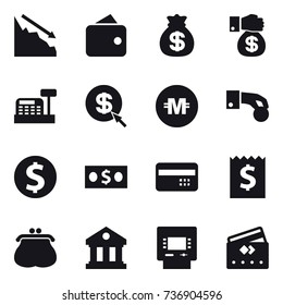 16 vector icon set : crisis, wallet, money bag, money gift, cashbox, dollar arrow, crypto currency, hand coin, dollar coin, money, credit card, receipt, purse, library, atm