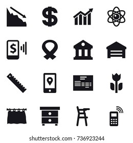 16 vector icon set : crisis, dollar, diagram, atom, mobile pay, library, garage, ruler, curtain, nightstand, Chair for babies