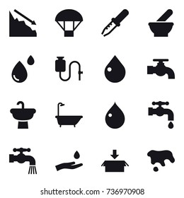 16 vector icon set : crisis, parachute, drop, water tap, bath, hand and drop, package, spot