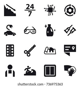16 vector icon set : crisis, 24/7, chip, around gear, electric car, smart glasses, cleanser, project, surfer, power switch, wiping
