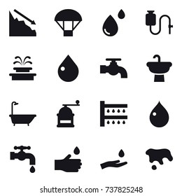 16 vector icon set : crisis, parachute, fountain, drop, water tap, bath, hand mill, watering, hand drop, hand and drop, spot