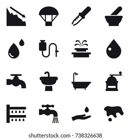 16 vector icon set : crisis, parachute, fountain, drop, water tap, bath, hand mill, watering, hand and drop, spot