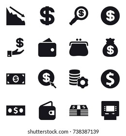 16 vector icon set : crisis, dollar, dollar magnifier, investment, wallet, purse, money bag, money, dollar arrow, virtual mining, dollar coin, atm