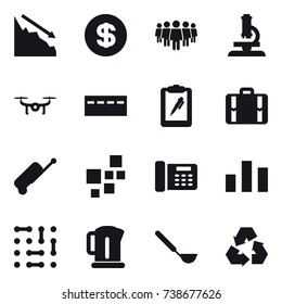 16 vector icon set : crisis, dollar, team, microscope, drone, bunker, suitcase, kettle, ladle, recycling