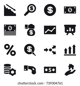16 vector icon set : crisis, dollar magnifier, dollar, money, money gift, statistic, presentation, percent, dollar arrow, core splitting, graph up, virtual mining, hand coin, real estate