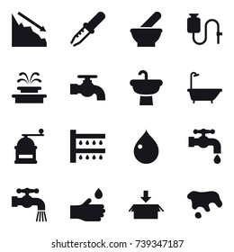 16 vector icon set : crisis, fountain, water tap, bath, hand mill, watering, drop, hand drop, package, spot