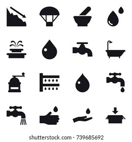 16 vector icon set : crisis, parachute, fountain, drop, water tap, bath, hand mill, watering, hand drop, hand and drop, package