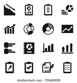 16 vector icon set : crisis, report, clipboard, diagram, circle diagram, statistic, annual report, graph, graph up, clipboard list