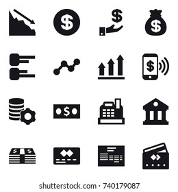 16 vector icon set : crisis, dollar, investment, money bag, diagram, graph, graph up, phone pay, virtual mining, money, cashbox, library, credit card