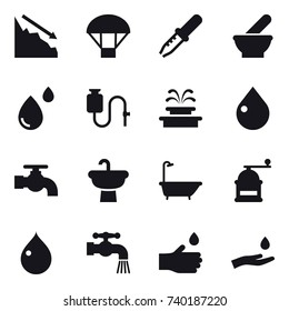 16 vector icon set : crisis, parachute, fountain, drop, water tap, bath, hand mill, hand drop, hand and drop