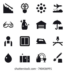 16 vector icon set : crisis, bulb brain, round around, weather management, smart glasses, cleanser, garage, power switch, iron, drop, clean  window, dish cleanser, toilet brush