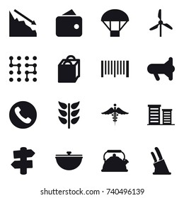 16 vector icon set : crisis, wallet, parachute, windmill, chip, shopping bag, barcode, megafon, phone, district, signpost, cauldron, kettle, knife holder