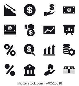 16 vector icon set : crisis, dollar, investment, money, money gift, statistic, presentation, percent, dollar arrow, graph up, virtual mining, library, real estate