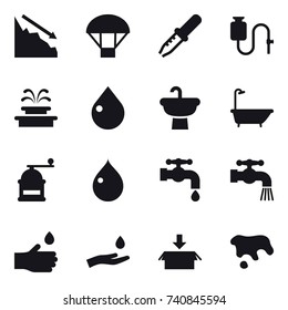 16 vector icon set : crisis, parachute, fountain, drop, bath, hand mill, water tap, hand drop, hand and drop, package, spot