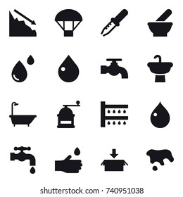 16 vector icon set : crisis, parachute, drop, water tap, bath, hand mill, watering, hand drop, package, spot