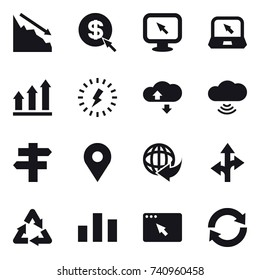 16 vector icon set : crisis, dollar arrow, monitor arrow, notebook, graph up, lightning, cloude service, cloud wireless, singlepost, reload