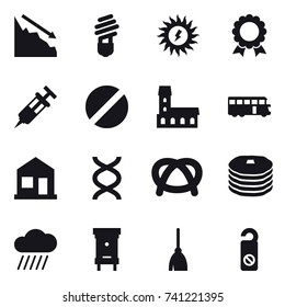 16 vector icon set : crisis, bulb, sun power, medal, mansion, bus, home, rain cloud, hive, broom, do not distrub