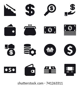 16 vector icon set : crisis, dollar, dollar magnifier, investment, wallet, purse, money, money gift, virtual mining, crypto currency, dollar coin, atm