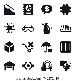 16 vector icon set : crisis, annual report, money message, chip, smart glasses, cleanser, project, 3d, power switch, garage, dish cleanser, wiping