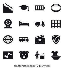 16 vector icon set : crisis, graduate hat, battery, smart bracelet, web cam, globe, bus, credit card, shield, pig, kitchen cleaning, handle washing