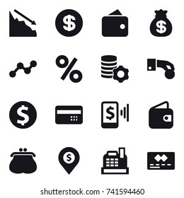 16 vector icon set : crisis, dollar, wallet, money bag, graph, percent, virtual mining, hand coin, dollar coin, credit card, mobile pay, purse, dollar pin, cashbox