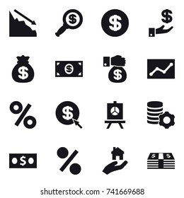 16 vector icon set : crisis, dollar magnifier, dollar, investment, money bag, money, money gift, statistic, percent, dollar arrow, presentation, virtual mining, real estate