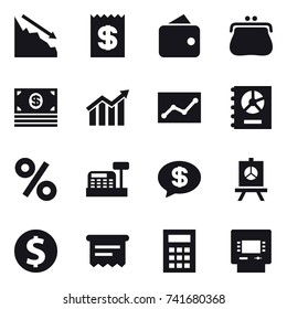 16 vector icon set : crisis, receipt, wallet, purse, money, diagram, statistic, annual report, percent, cashbox, money message, presentation, dollar coin, atm receipt, calculator, atm