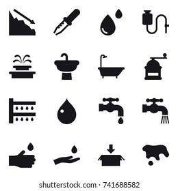 16 vector icon set : crisis, fountain, bath, hand mill, watering, drop, water tap, hand drop, hand and drop, package, spot