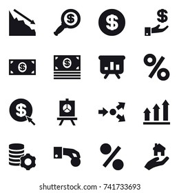 16 vector icon set : crisis, dollar magnifier, dollar, investment, money, presentation, percent, dollar arrow, core splitting, graph up, virtual mining, hand coin, real estate