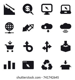 16 vector icon set : crisis, dollar arrow, monitor arrow, notebook, globe connect, up down arrow, cloude service, cloud wireless, add to cart, recycling, package