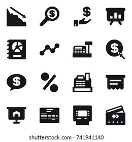 16 vector icon set : crisis, dollar magnifier, investment, presentation, annual report, graph, cashbox, dollar arrow, money message, percent, atm receipt, atm, credit card