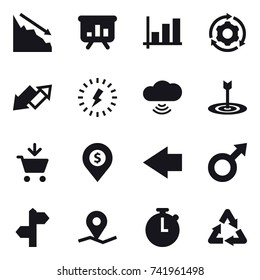 16 vector icon set : crisis, presentation, graph, around gear, up down arrow, lightning, cloud wireless, target, add to cart, dollar pin, left arrow