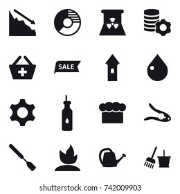 16 vector icon set : crisis, circle diagram, nuclear power, virtual mining, add to basket, sale, tower, drop, chef  hat, walnut crack, spatula, sprouting, watering can, bucket and broom