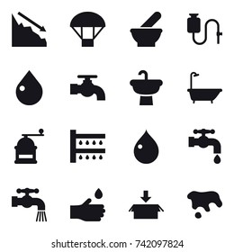16 vector icon set : crisis, parachute, drop, water tap, bath, hand mill, watering, hand drop, package, spot