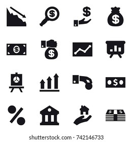 16 vector icon set : crisis, dollar magnifier, investment, money bag, money, money gift, statistic, presentation, graph up, hand coin, percent, library, real estate