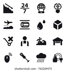 16 vector icon set : crisis, 24/7, notebook globe, bulb brain, weather management, nanotube, 3d, surfer, garage, rain cloud, dish cleanser