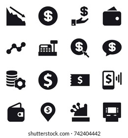 16 vector icon set : crisis, dollar, investment, wallet, graph, cashbox, dollar arrow, money message, virtual mining, dollar coin, receipt, mobile pay, dollar pin, atm