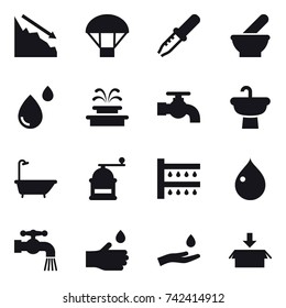 16 vector icon set : crisis, parachute, fountain, water tap, bath, hand mill, watering, drop, hand drop, hand and drop, package