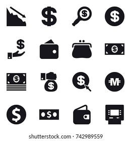 16 vector icon set : crisis, dollar, dollar magnifier, investment, wallet, purse, money, money gift, dollar arrow, crypto currency, dollar coin, atm