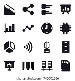 16 vector icon set : crisis, share, diagram, presentation, graph, clock, chip, wireless, crystall  memory