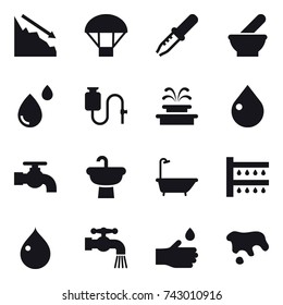 16 vector icon set : crisis, parachute, fountain, drop, water tap, bath, watering, hand drop, spot