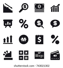 16 vector icon set : crisis, dollar magnifier, money, diagram, presentation, percent, dollar arrow, money message, graph up, crypto currency, receipt, cashbox, calculator, credit card