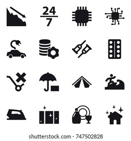 16 vector icon set : crisis, 24/7, chip, electric car, virtual mining, tent, surfer, iron, clean  window, dish cleanser, house cleaning