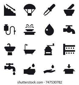 16 vector icon set : crisis, parachute, fountain, drop, water tap, bath, hand mill, watering, hand drop, hand and drop, package