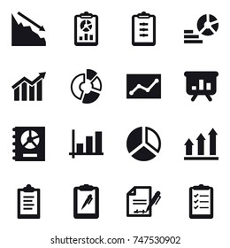 16 vector icon set : crisis, report, clipboard, diagram, circle diagram, statistic, presentation, annual report, graph, graph up, clipboard list