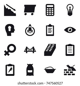 16 vector icon set : crisis, delivery, calculator, bulb, bulb head, rocket, clipboard, bridge, brick, flour, foam basin, construct garbage