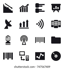 16 vector icon set : crisis, diagram, presentation, satellite antenna, graph up, wireless, server, crystal  memory, antenna, barcode